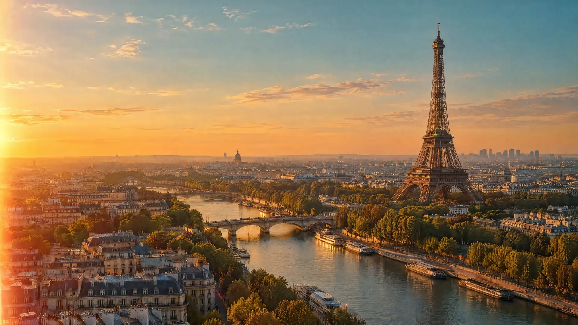 Luftaufnahme von Paris zur goldenen Stunde mit Eiffelturm und Seine