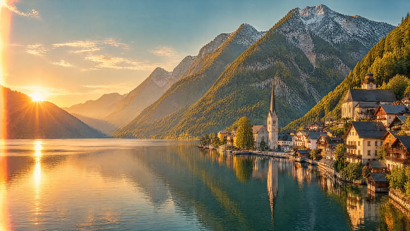 Hallstatt am See vor Alpengipfeln