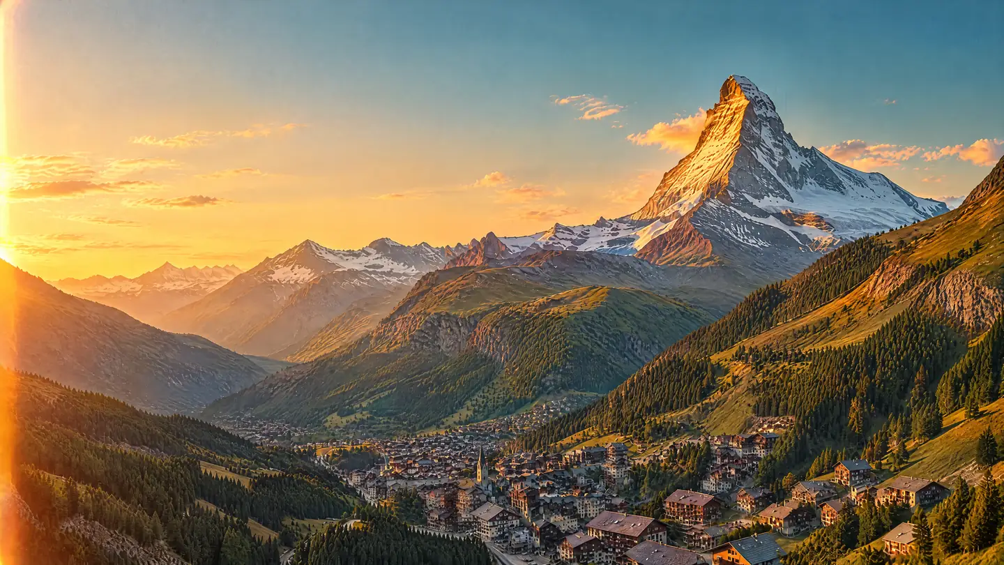 Matterhorn über dem Tal von Zermatt im Abendlicht